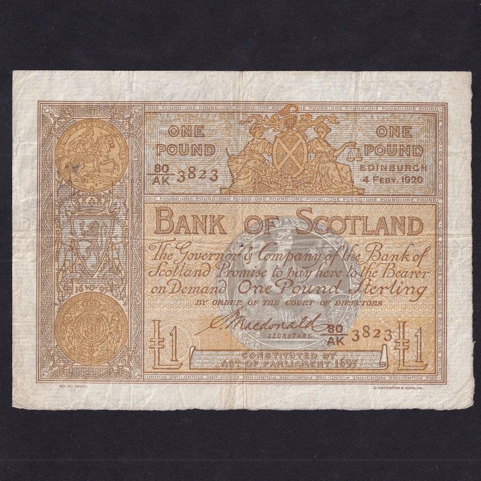 Scotland (P81c) Bank of Scotland, £1, 4th February 1920, Macdonald signature, 80/AK 3823, PMS89d, small hole centre oth original, A/VF