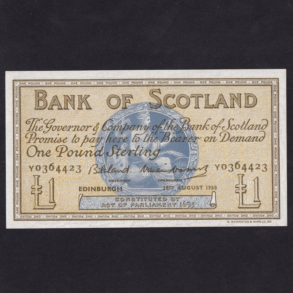 Scotland (P100c) Bank of Scotland, £1, 28th August 1958, Bilsland/ Watson, Y0364423, BA99c, Good EF