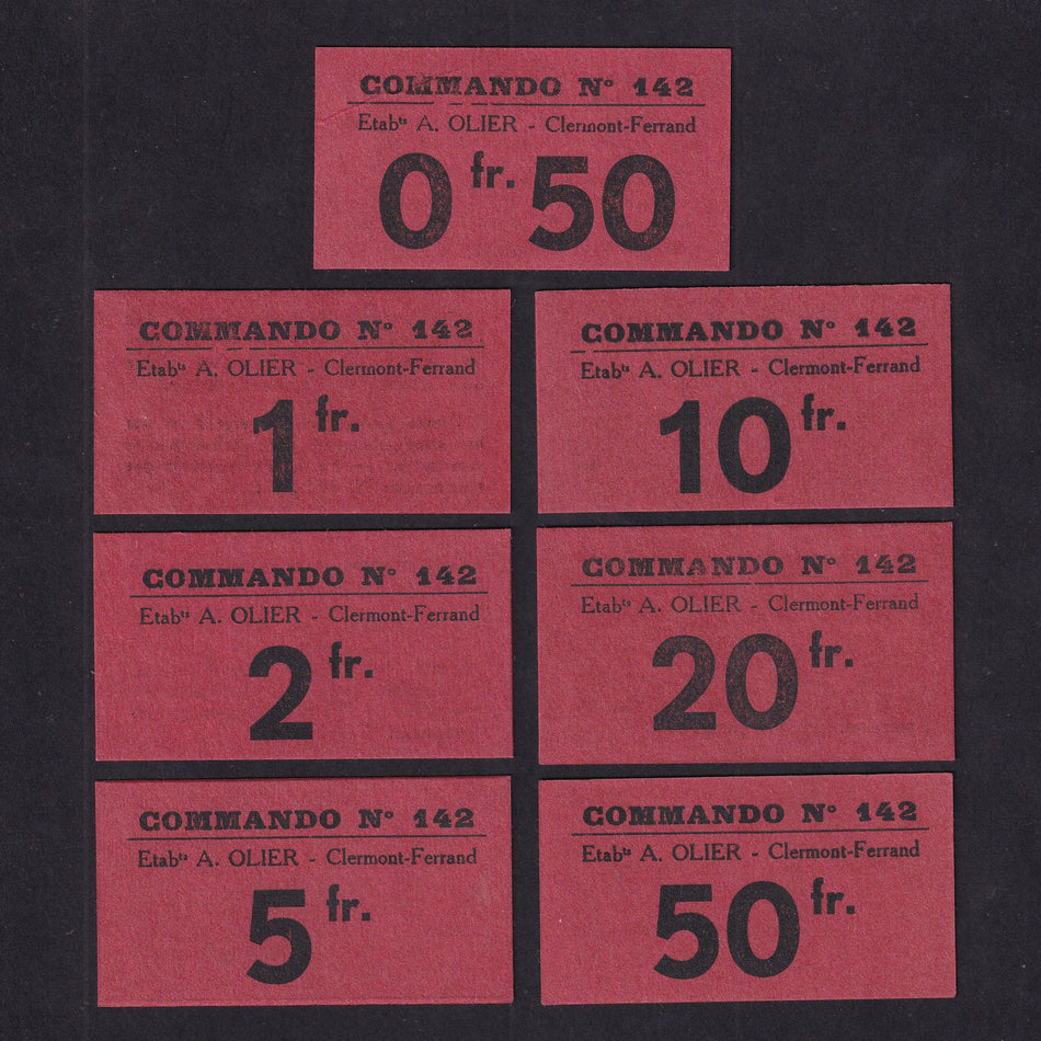 France, WW2, Clermont-Ferrand, Camp no.142, set of seven card notes: 0.50 Franc - 50 Francs, Campbell 2045-2051, Good EF/UNC