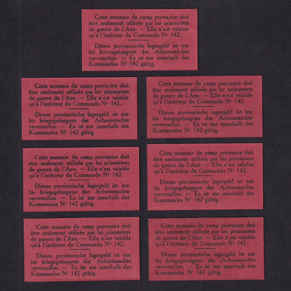 France, WW2, Clermont-Ferrand, Camp no.142, set of seven card notes: 0.50 Franc - 50 Francs, Campbell 2045-2051, Good EF/UNC