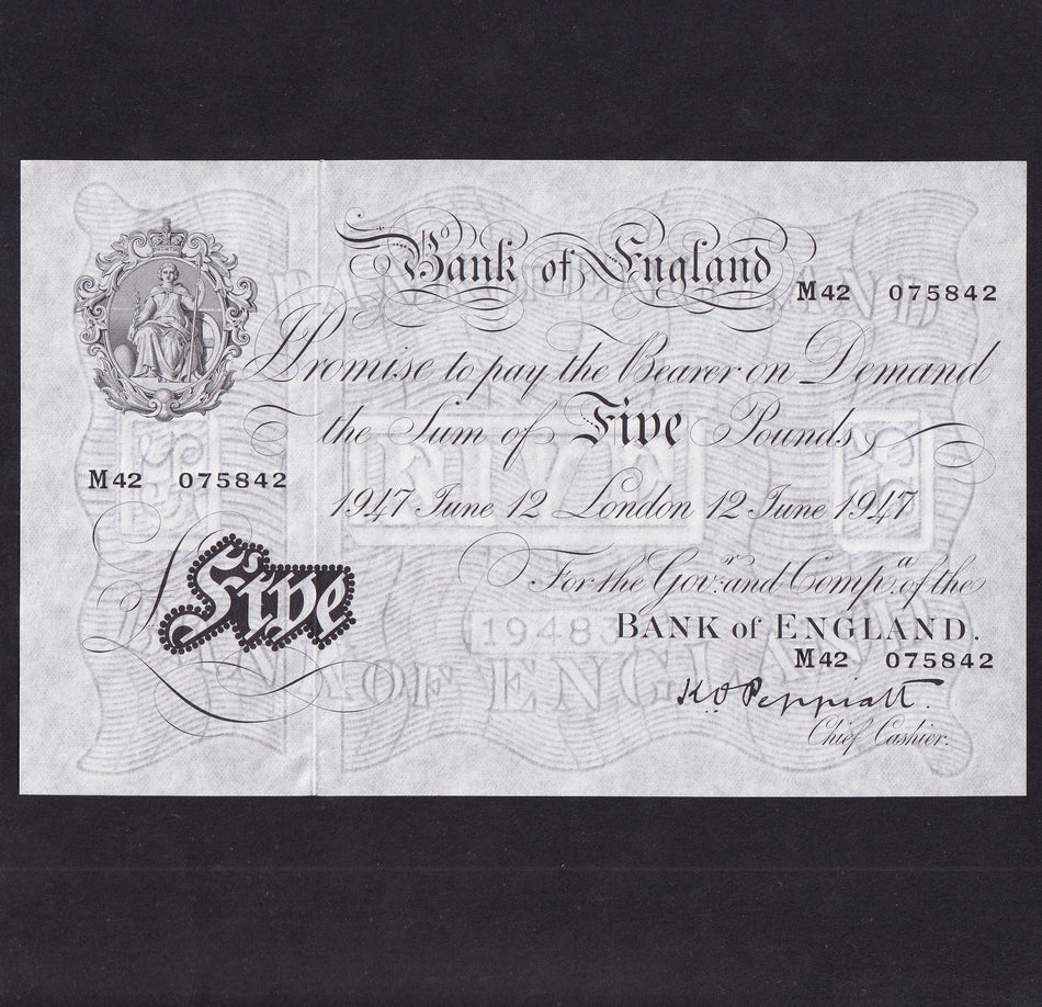 Bank of England (B264) Peppiatt, £5, 12 June 1947, M42 075842, serial indents on reverse, UNC
