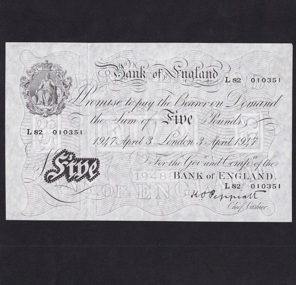Bank of England (B264) Peppiatt, £5, 3 August 1947, L82 010351, serial indents on reverse, Good EF