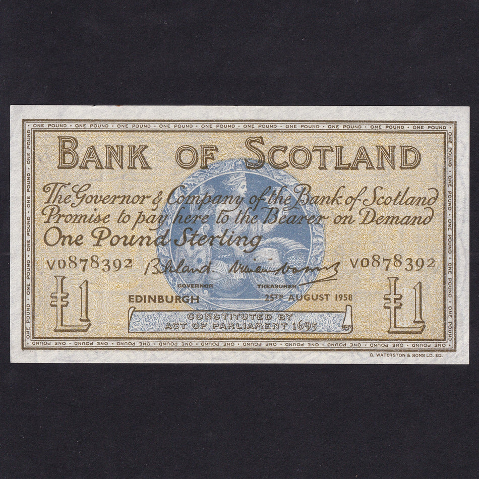 Scotland (P100c) Bank of Scotland, £1, 25th August 1958, Bilsland/Watson, V0878392, BA99c, Good EF