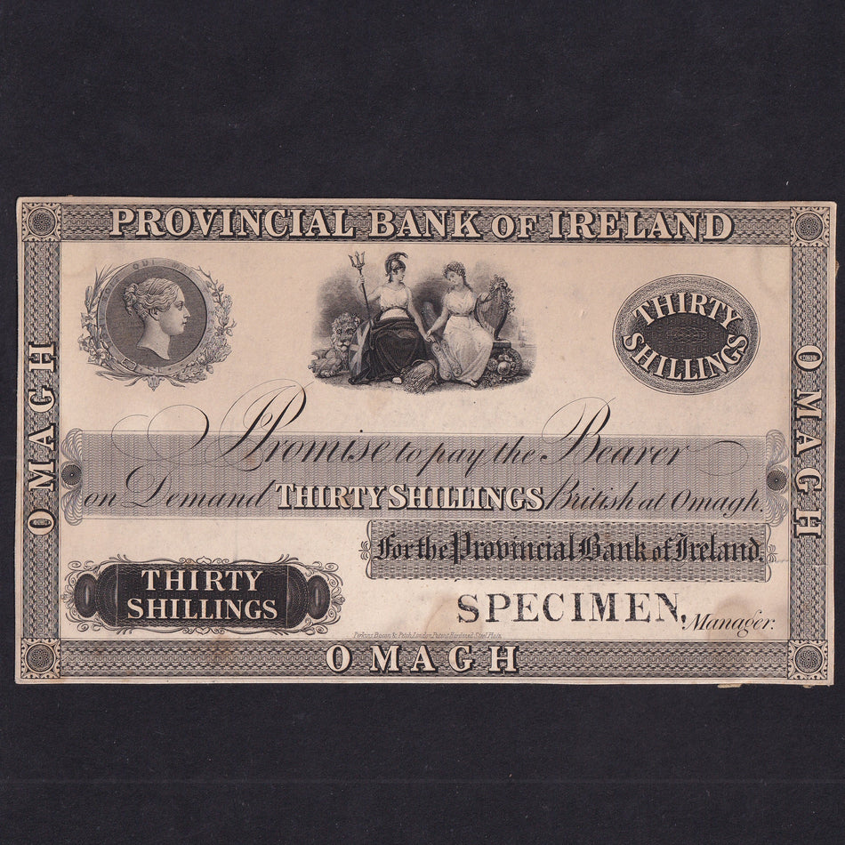 Ireland (P306p) Provincial Bank of Ireland, 30 Shillings obverse proof specimen, 1841, Queen Victoria, Omagh branch, PMI PR37p, tear and rust, mount marks, Good Fine