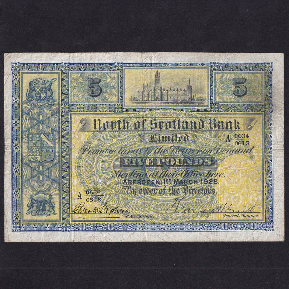 Scotland (PS640a) North of Scotland Bank, £5, 1st March 1928, A 0634/0613, PMS NS40a, first date, Fine