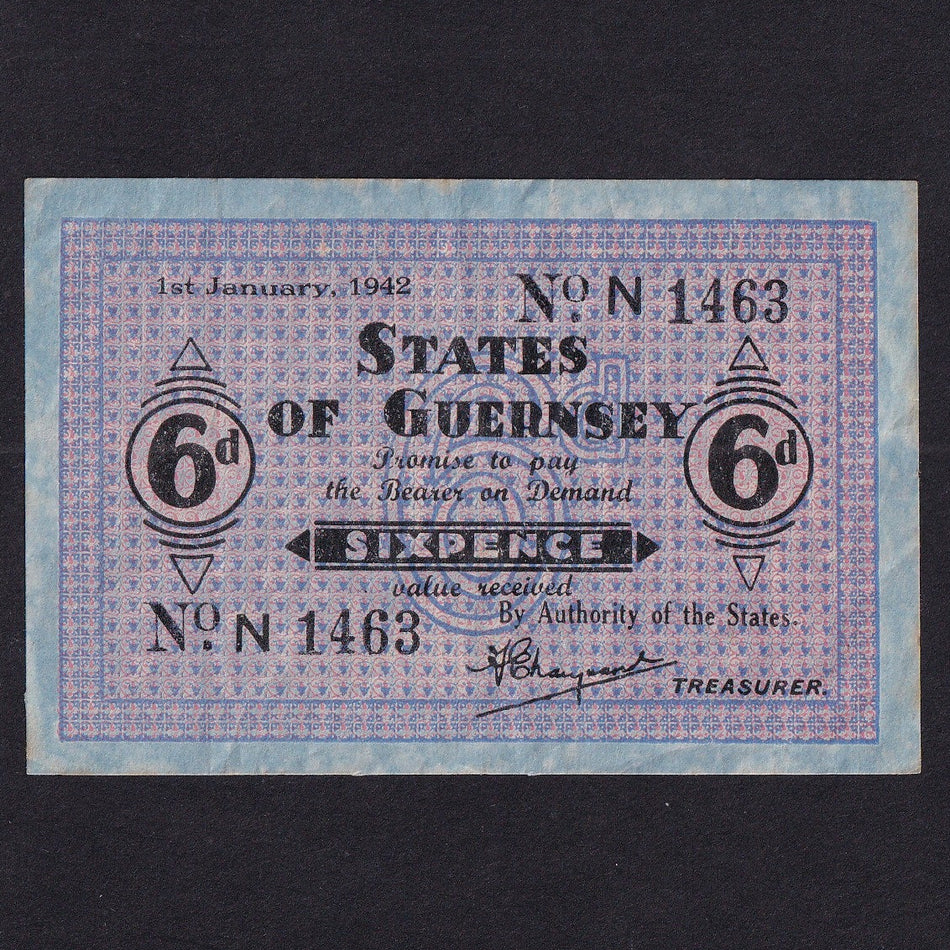 Guernsey (P24) 6d, 1st January 1942, WW2, No.N1463, French blue paper, VF