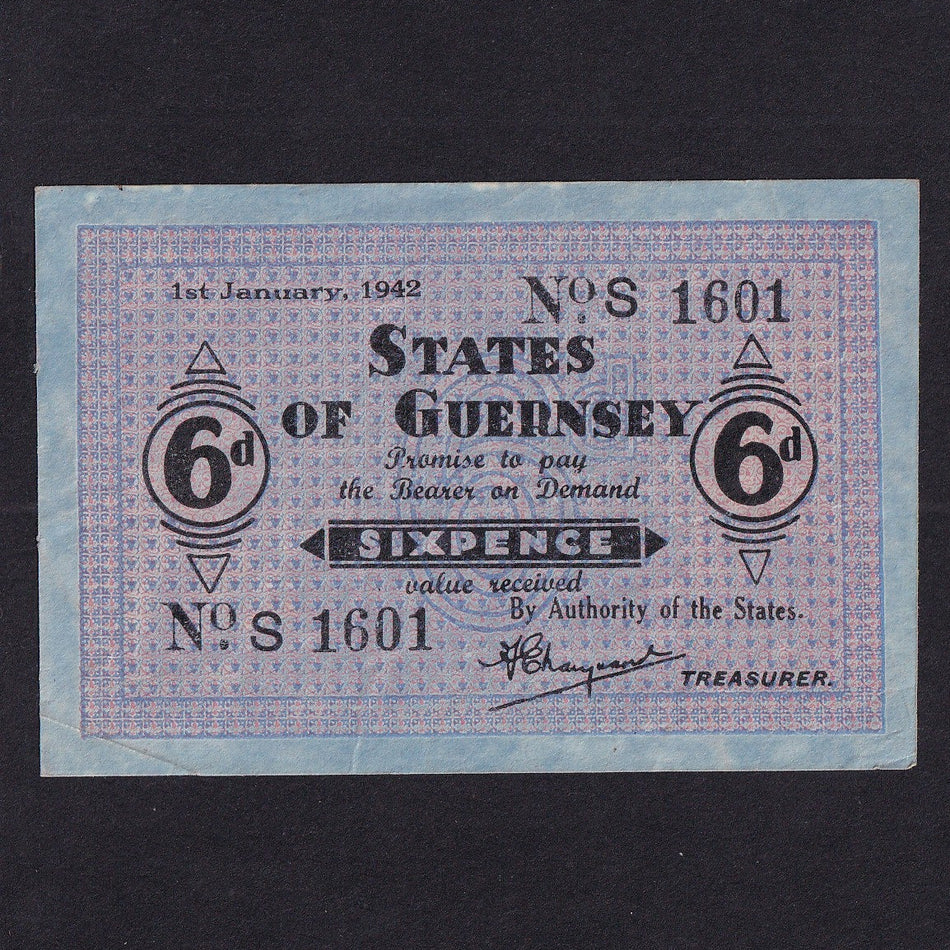Guernsey (P24) 6d, 1st January 1942, WW2, No.S1601, French blue paper, VF