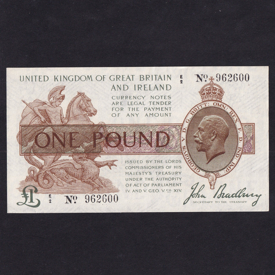 Treasury Series (T16) Bradbury, £1, 3rd issue, E2 962600, small red crayon mark on reverse, serial number indents, Good EF