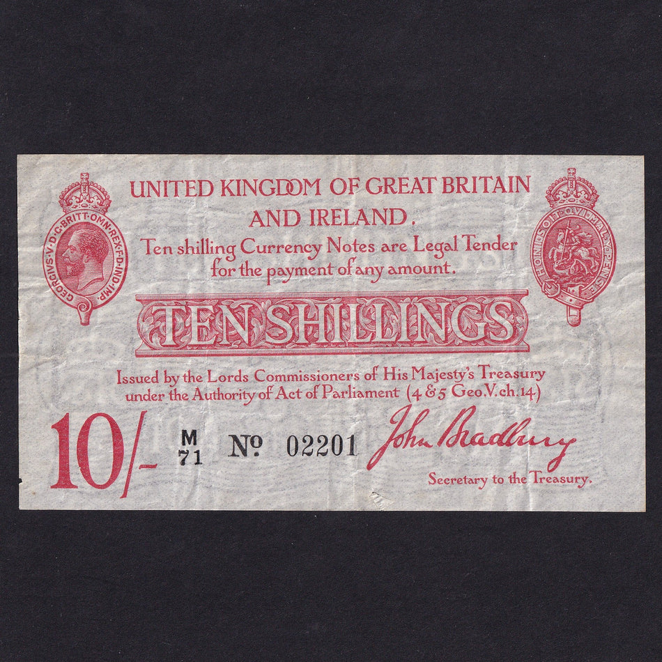 Treasury Series (T12 type 1) Bradbury, 10 Shillings, 1915, De La Rue, M71 02201, small tear otherwise genuine VF