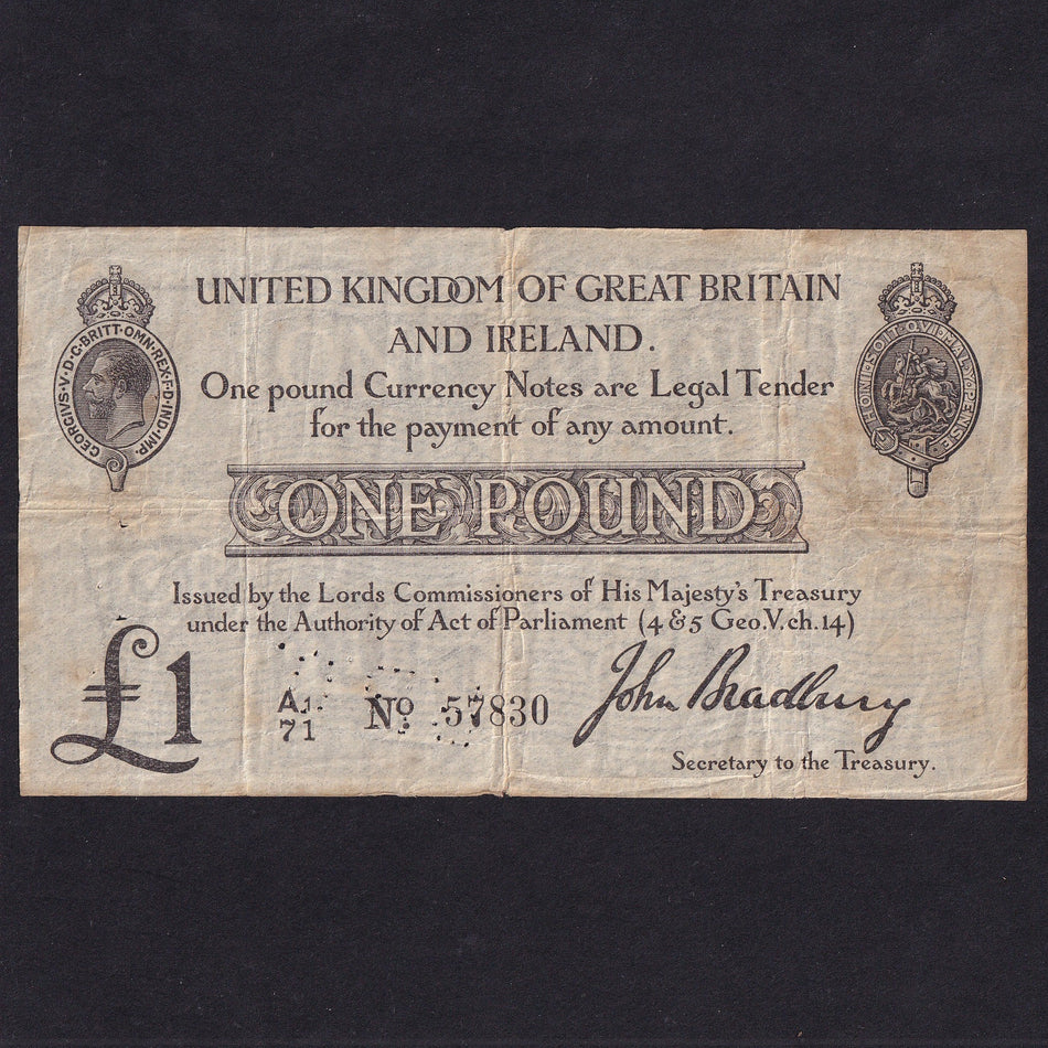 Treasury Series (T11 type 2) Bradbury, £1, De La Rue but perforated R.B.O., A1/71 57830, rust, VG