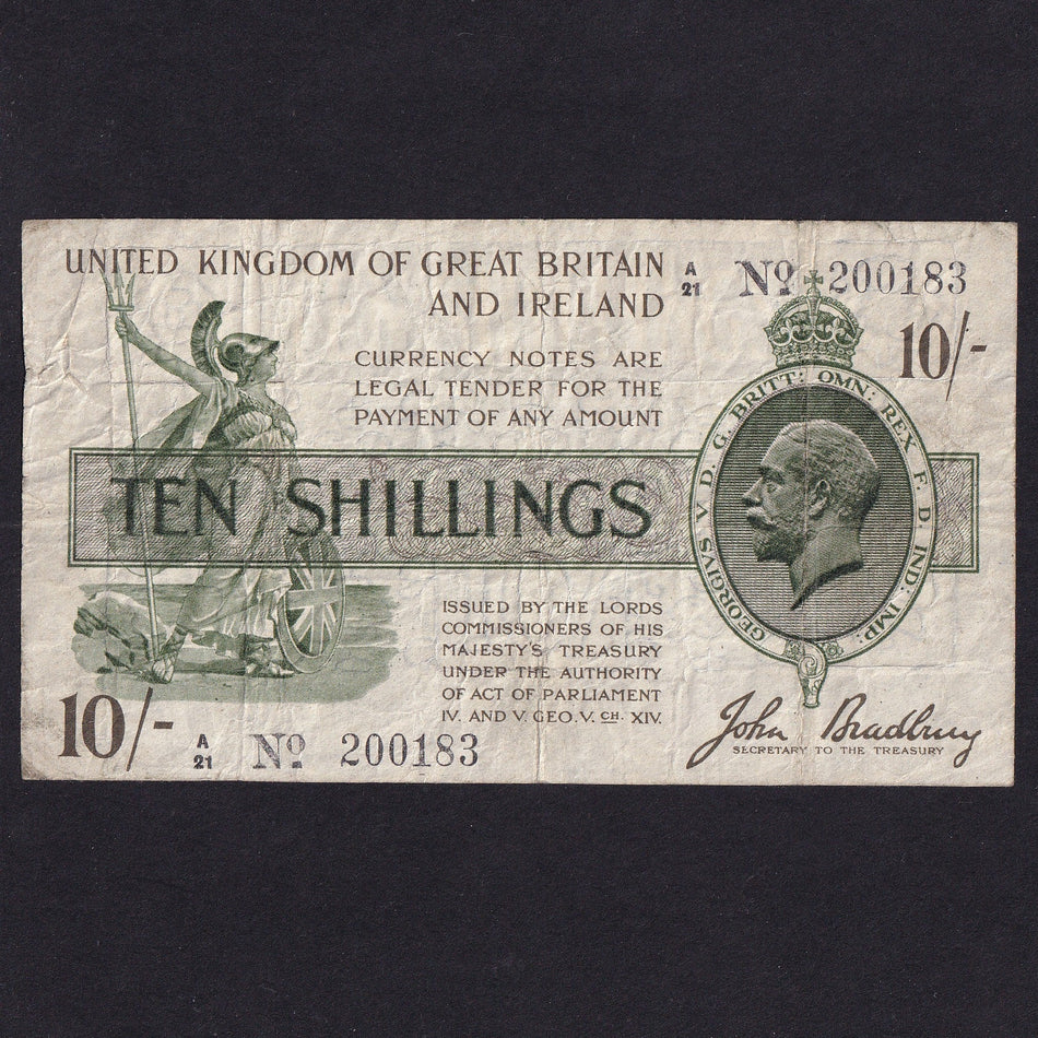 Treasury Series (T18) Bradbury, 10 Shillings, black dash, A21 200183, VG