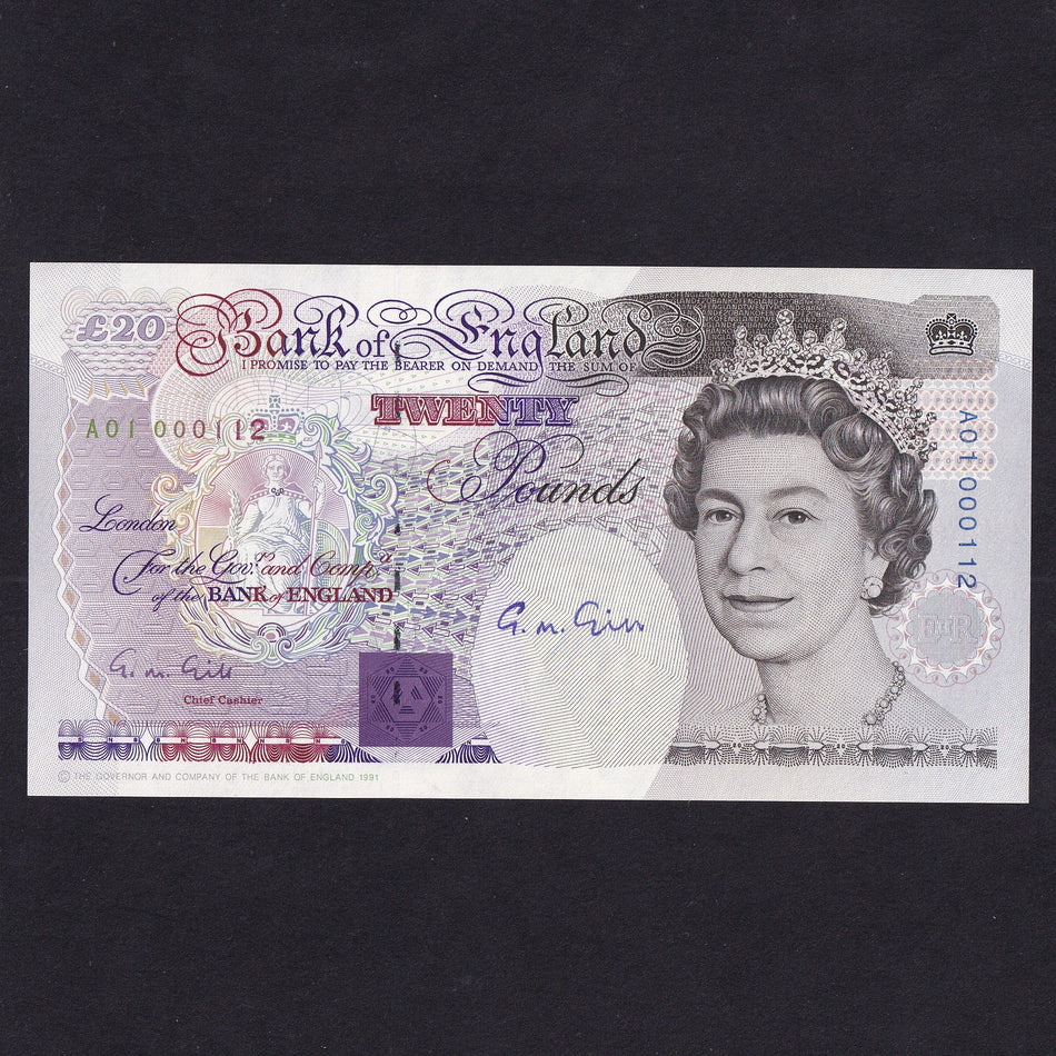 Bank of England (B358) Gill, £20, HAND SIGNED by Cashier, A01 000112, low serial and first million, UNC