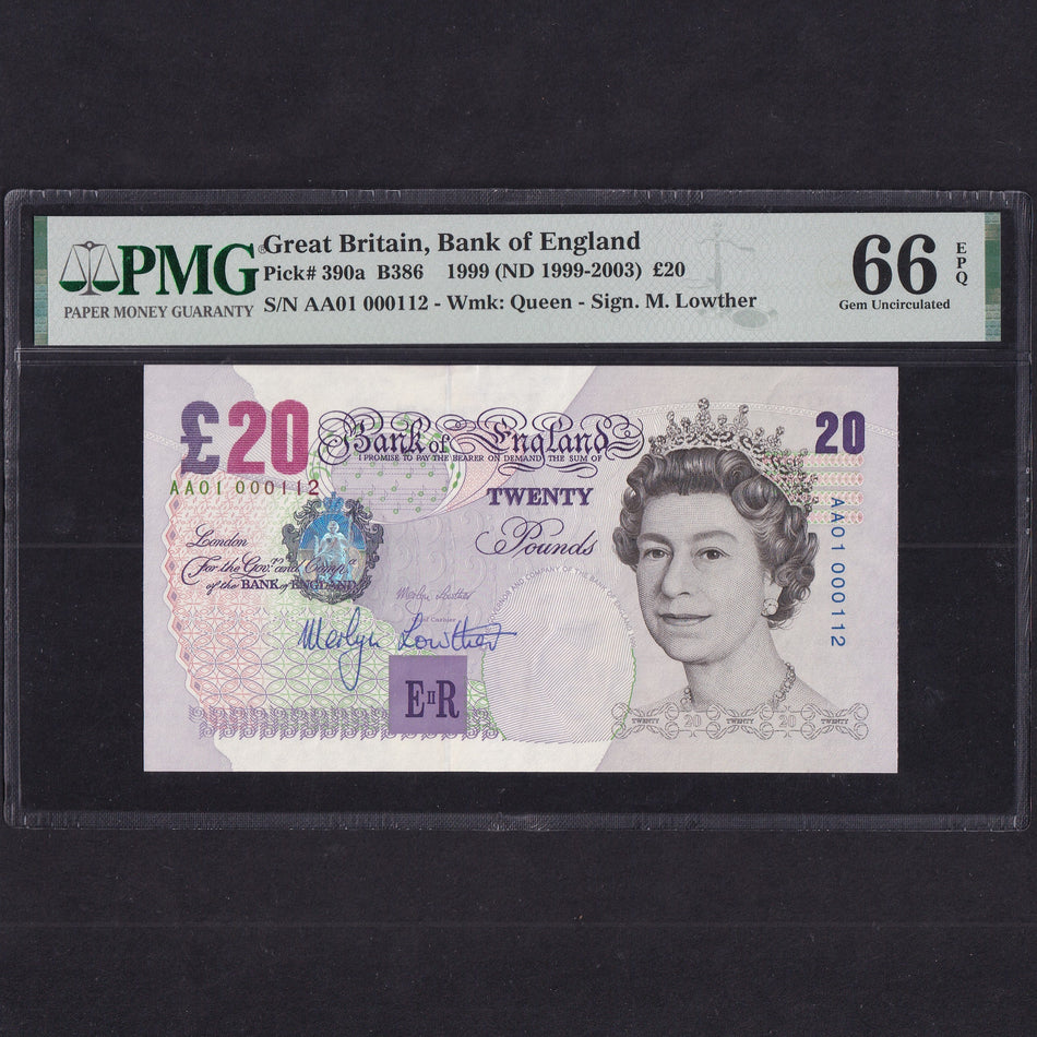 Bank of England (B386) Lowther, £20, HAND SIGNED by Cashier, A01 000112, low serial and first million, PMG66, UNC