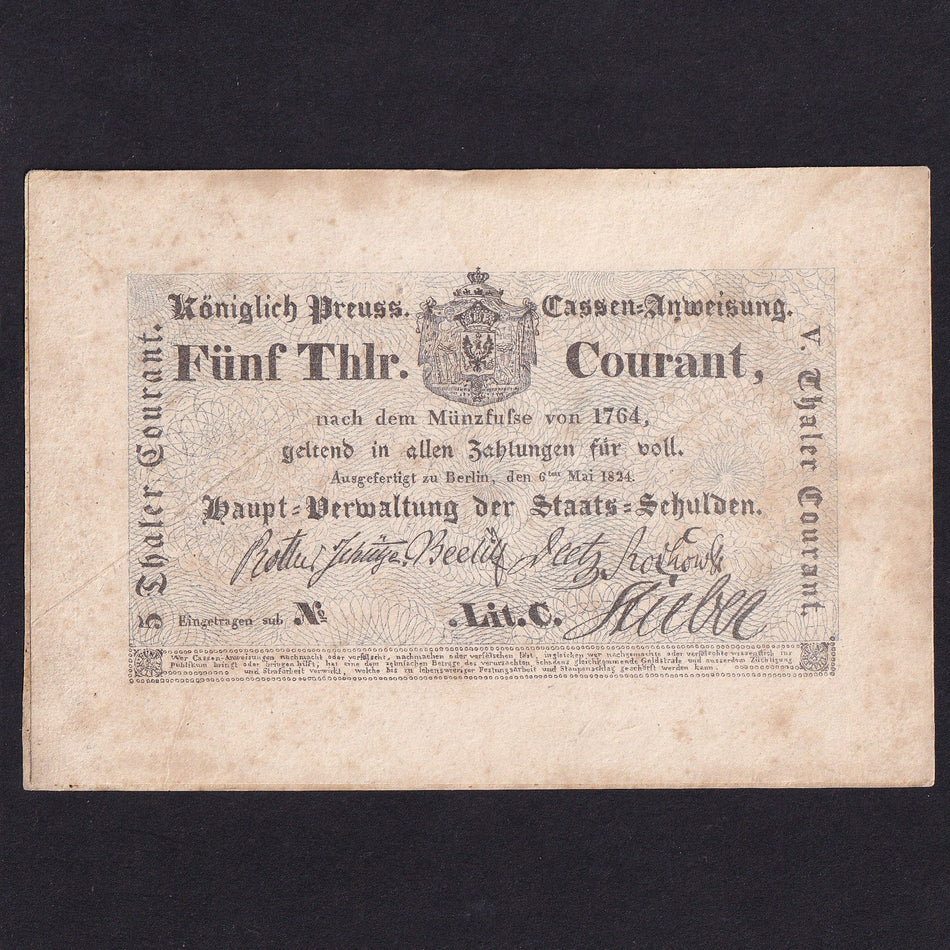 German States (PS397) 5 Thaler, 6th May 1824, not numbered, light foxing, EF