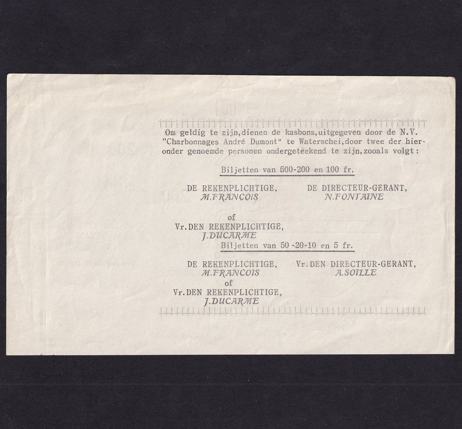 Belgian Coal Mining Co. 200 Francs emergency WW2 issue, 17th May 1940, No 3406, SB1534, scarce, EF