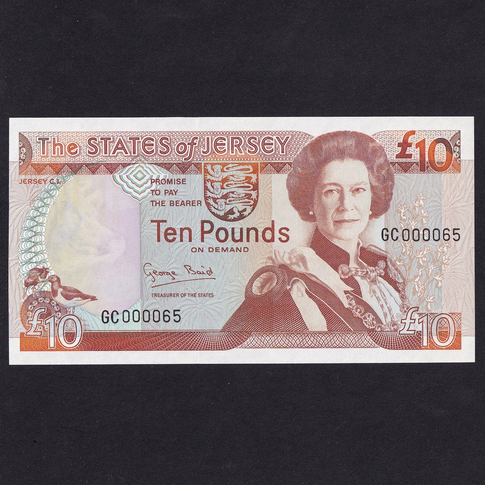 Jersey (P22a) £10, Baird, QEII, GC000065, low serial, UNC