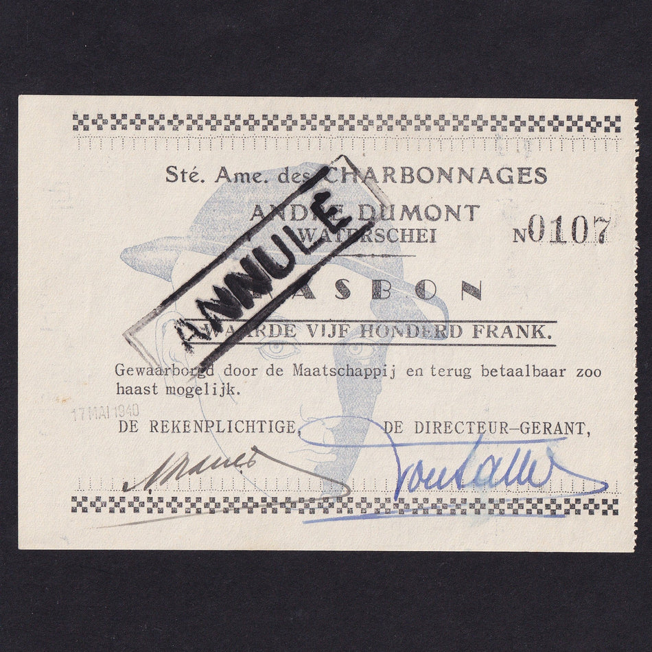 Belgian Coal Mining Co 500 Francs emergency WW2 issue, ND (1940), No 0107, SB 1513, EF