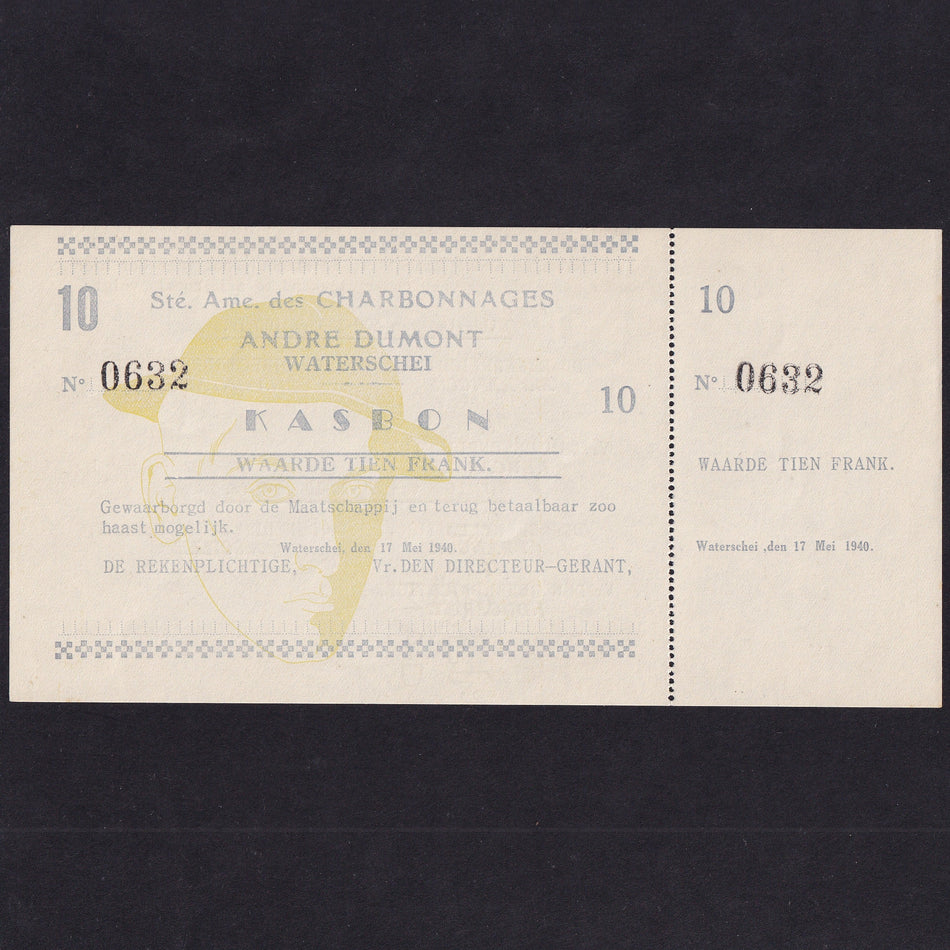 Belgian Coal Mining Co. 10 Francs emergency WW2 issue, 17th May 1940, No 0632, SB 1531, with foil, without mimeographed signature, EF