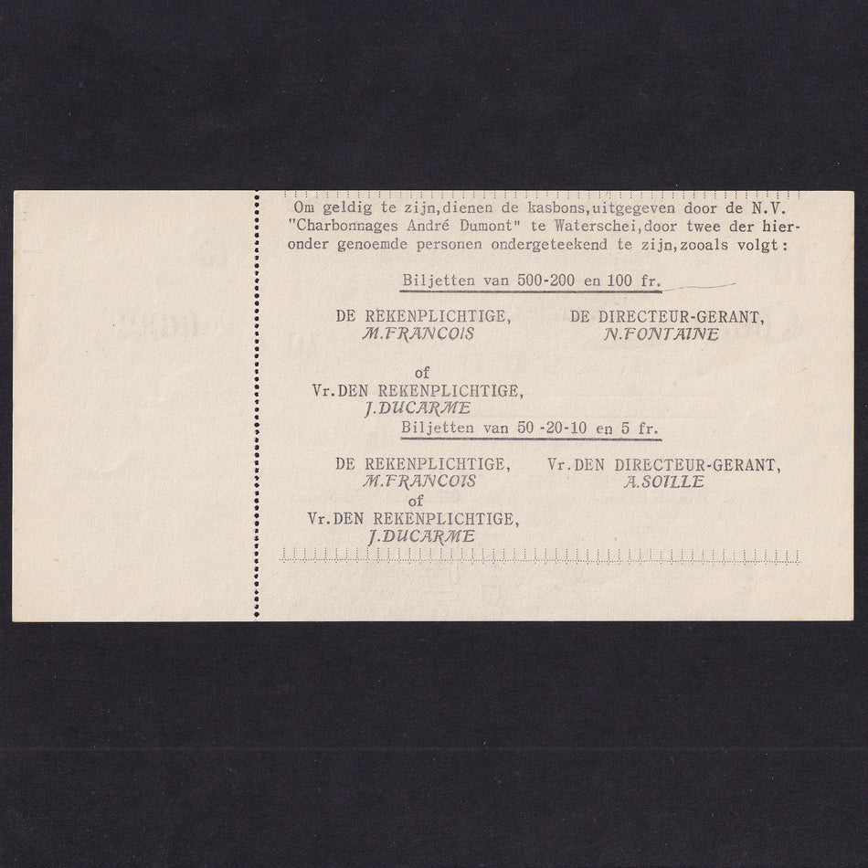 Belgian Coal Mining Co. 10 Francs emergency WW2 issue, 17th May 1940, No 0632, SB 1531, with foil, without mimeographed signature, EF