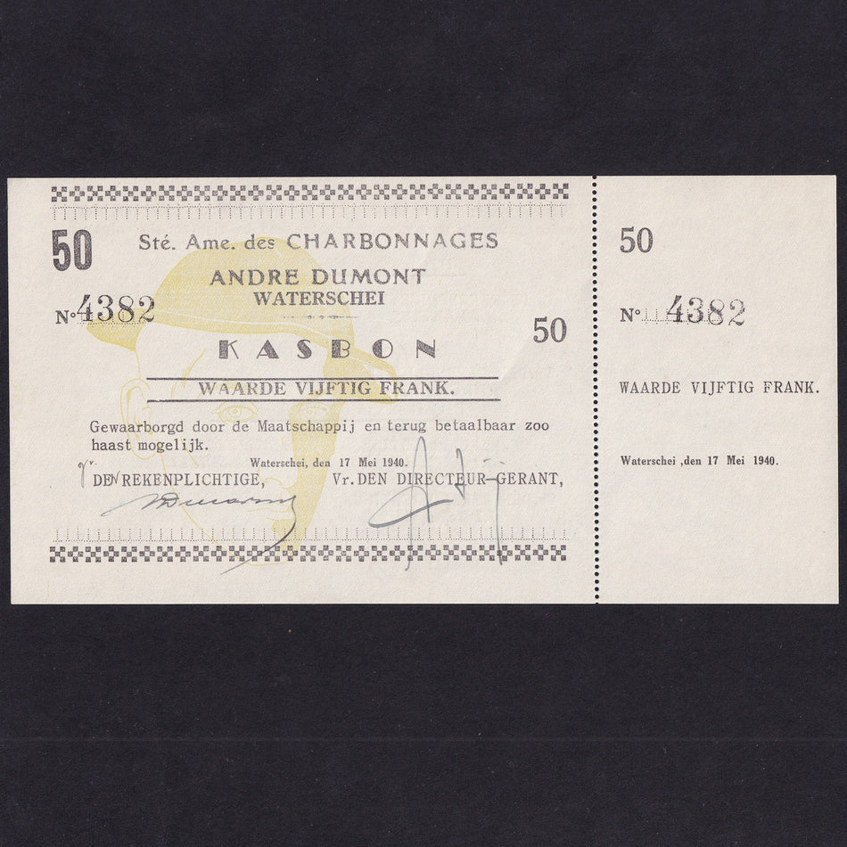 Belgian Coal Mining Co. 50 Francs emergency WW2 issue, 17th May 1940, No 4382, with foil without mimeographed signature, EF