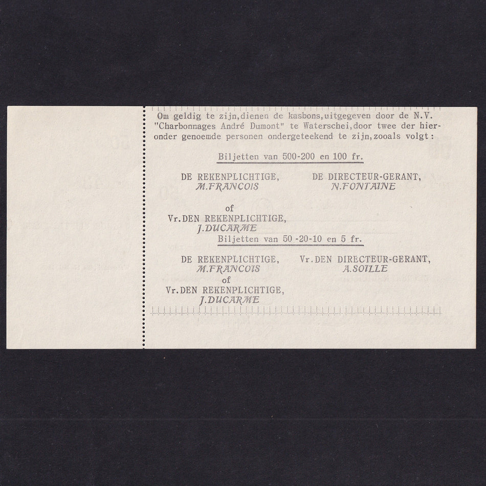 Belgian Coal Mining Co. 50 Francs emergency WW2 issue, 17th May 1940, No 4382, with foil without mimeographed signature, EF