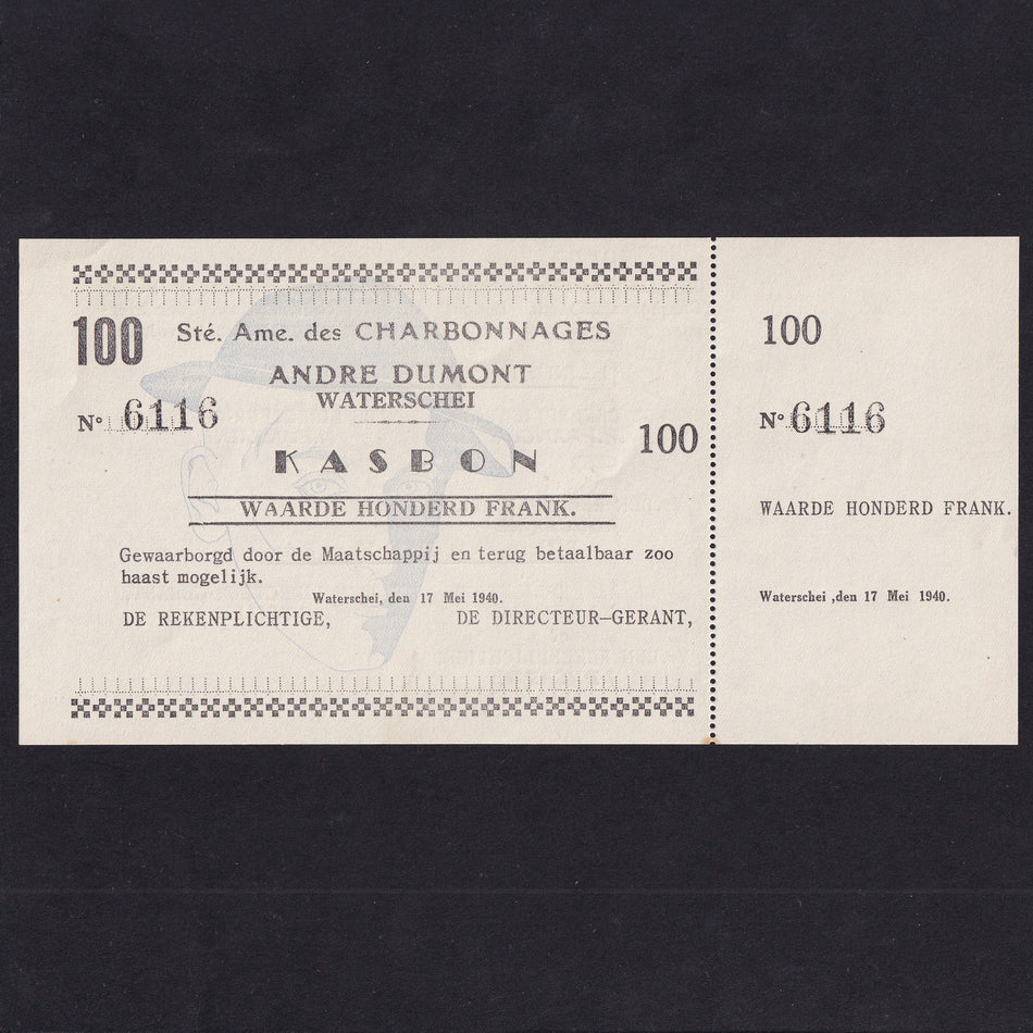 Belgian Coal Mining Co. 100 Francs emergency WW2 issue, 17th May 1940, No 6116, SB 1533, with foil without mimeographed signature, EF