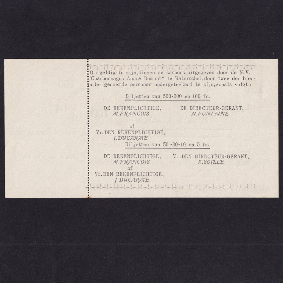 Belgian Coal Mining Co. 100 Francs emergency WW2 issue, 17th May 1940, No 6116, SB 1533, with foil without mimeographed signature, EF