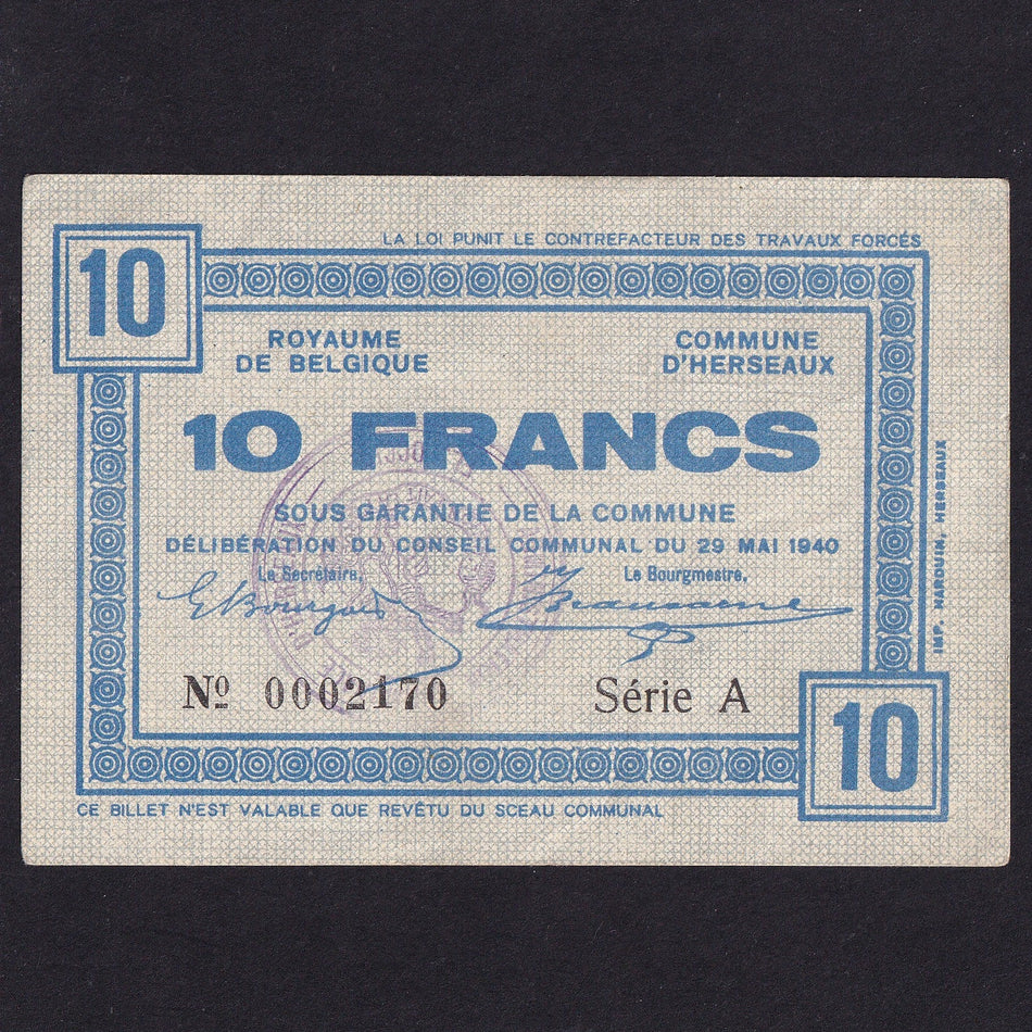 Belgium, 10 Francs WW2 emergency issue, 29th May 1940, Herseaux, SB 713, VF