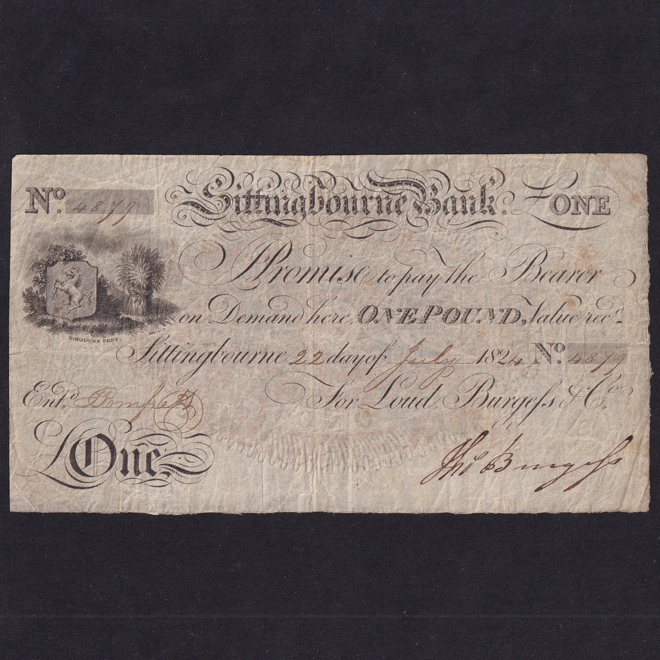 Provincial - Sittingbourne Bank, £1, 1824, no.4879, signed Burgess, Outing 1969a, rust, otherwise VF