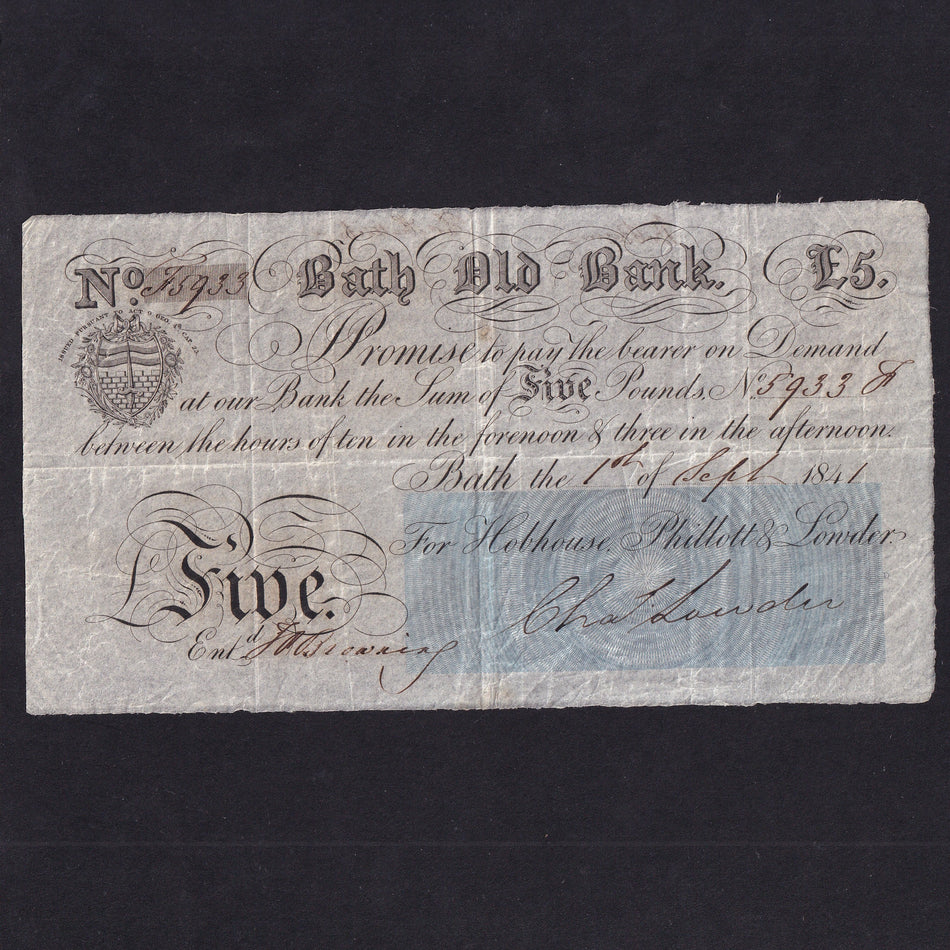 Provincial - Bath Old Bank, £5, 1st September 1841, for Hobhouse, Phillott & Lowder, no. 5933, Outing 86c, not hole-punched, VF