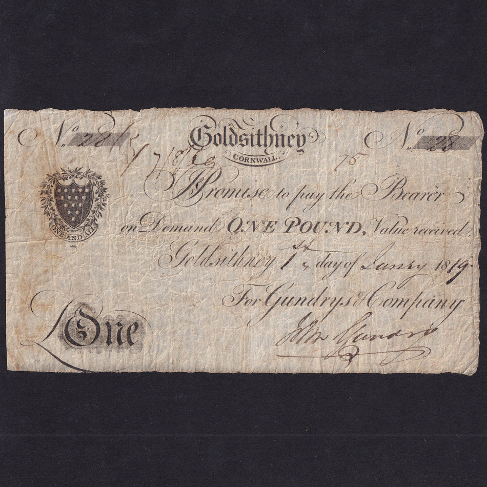 Provincial - Goldsithney, £1, 1817, for Gundrys & Company, no. 28, Outing 833a, Fine