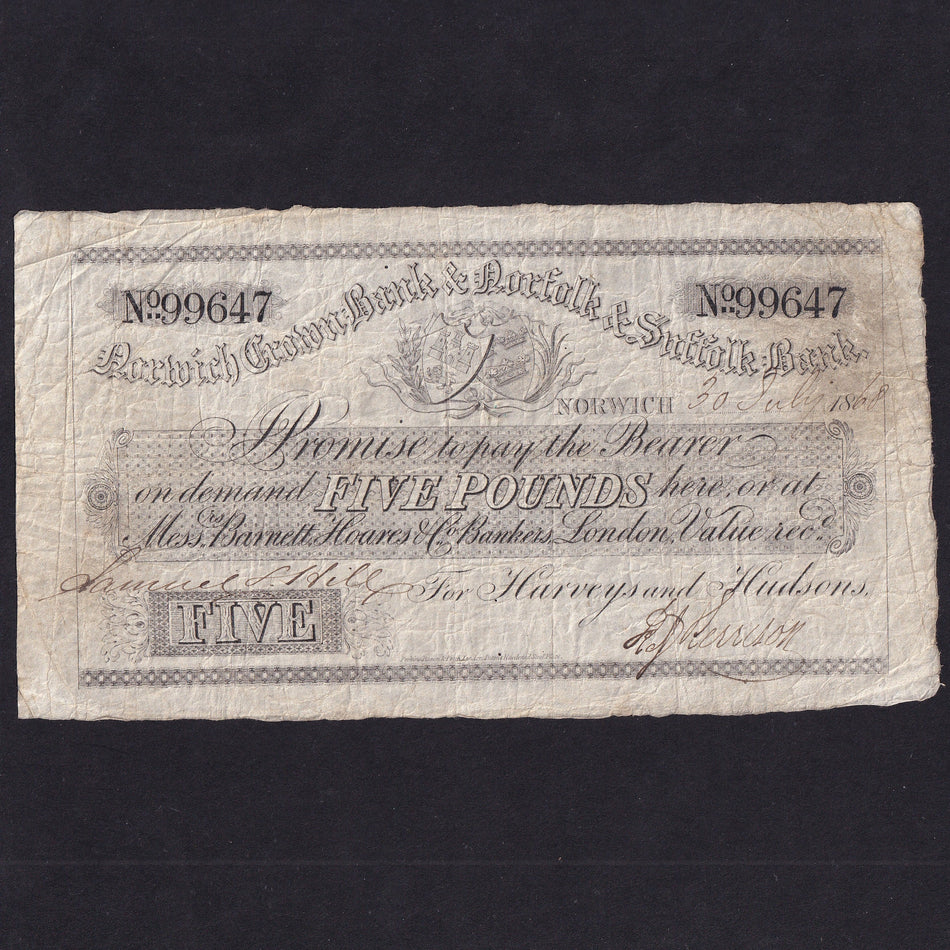 Provincial - Norwich Crown Bank, £5, 1868, for Harveys & Hudsons, no. 99647, Outing 1606k, Fine