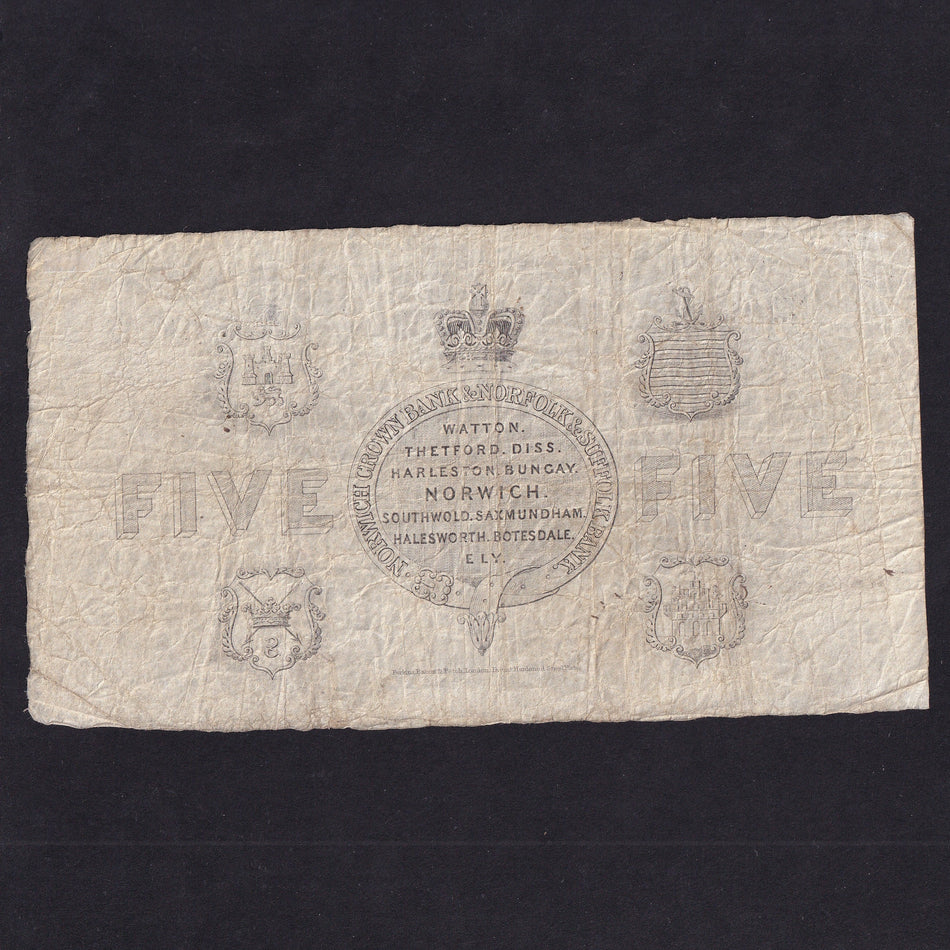 Provincial - Norwich Crown Bank, £5, 1868, for Harveys & Hudsons, no. 99647, Outing 1606k, Fine