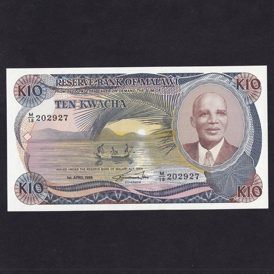 Malawi (P21b), 10 Kwacha, 1988, serial no. M/18 202927, UNC