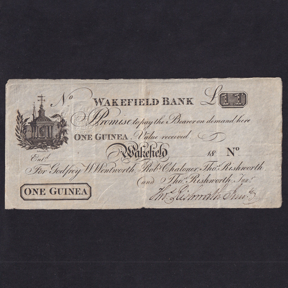 Provincial - Wakefield Bank, 1 Guinea, 18xx, unissued, for Wentworth, Chaloner & Rishworths, signed Rishworth, Outing 2240, Fine/VF
