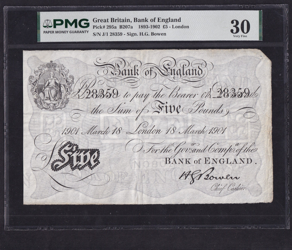 Bank of England (B207a) Bowen, £5, 18th March 1901, London, serial no. J/1 28359, PMG30, Very Fine