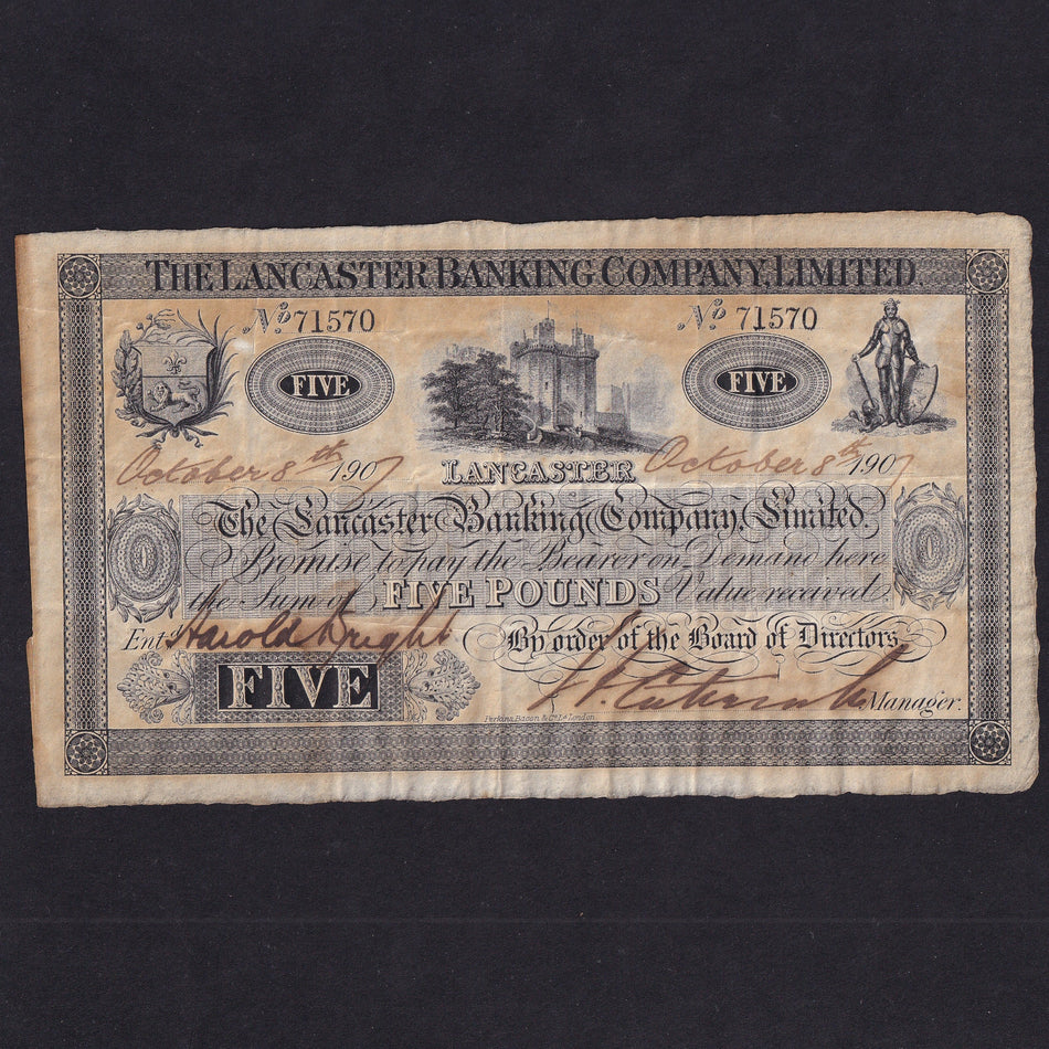 Provincial - Lancaster Banking Company Limited, £5, 8th October 1907, no. 71570, Outing 1095b, some toning, Good Fine