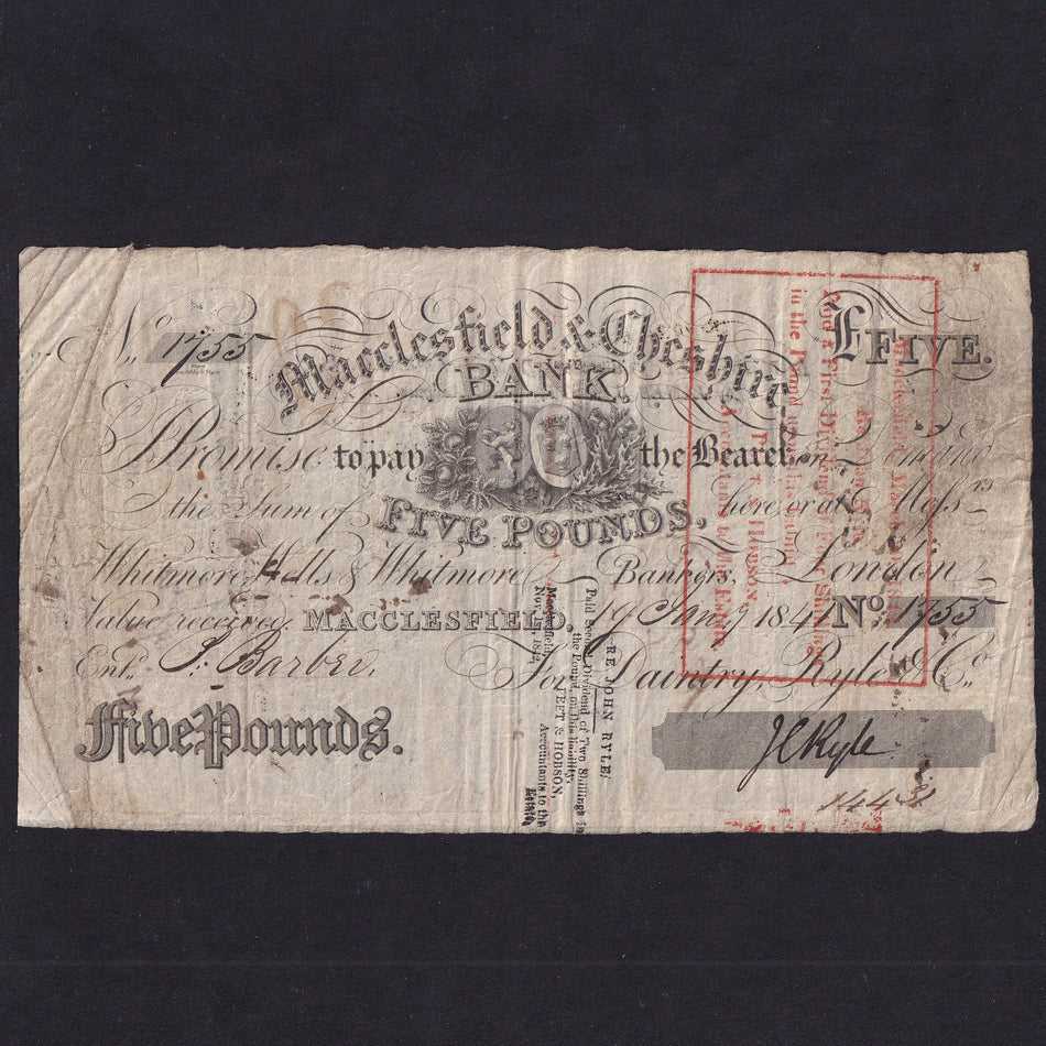 Provincial - Macclesfield & Cheshire Bank, £5, 1841, for Daintry, Ryle & Co., no. 775, Outing 1319b, Good Fine