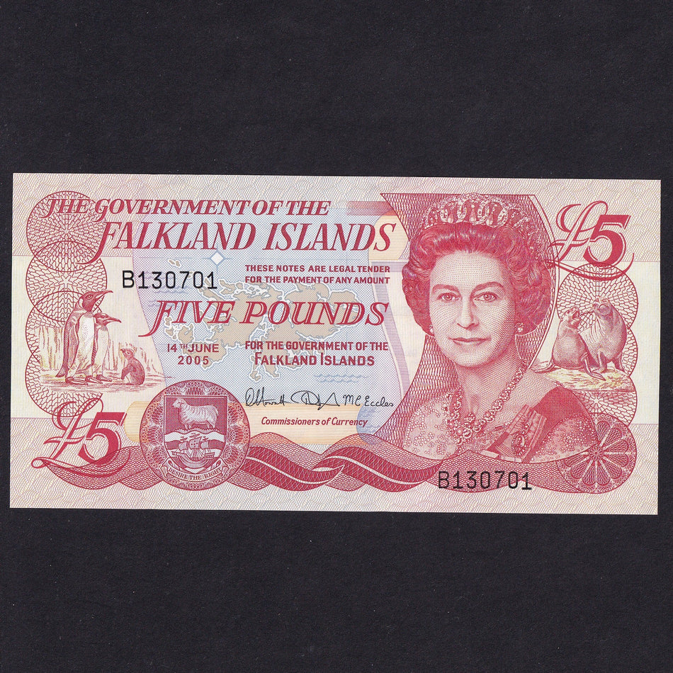 Falkland Islands (P17a) £5, 14th June 2005, QEII, serial no. B130701, UNC