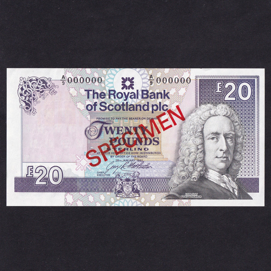 Scotland (P354bs) Royal Bank of Scotland, £20 specimen, 28th January 1992, serial no. A/9 000000, PMS RB105, A/UNC