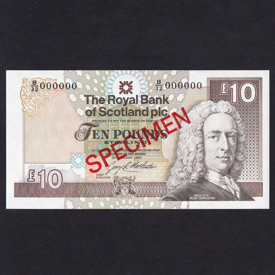 Scotland (P353as) Royal Bank of Scotland, £10 specimen, 28th January 1992, serial no. B/32 000000, PMS RB103as, A/UNC