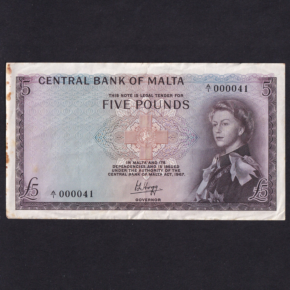 Malta (P30) £5, 1968, QEII, Hogg signature, low serial no. A/1 000041, rust, otherwise A/VF