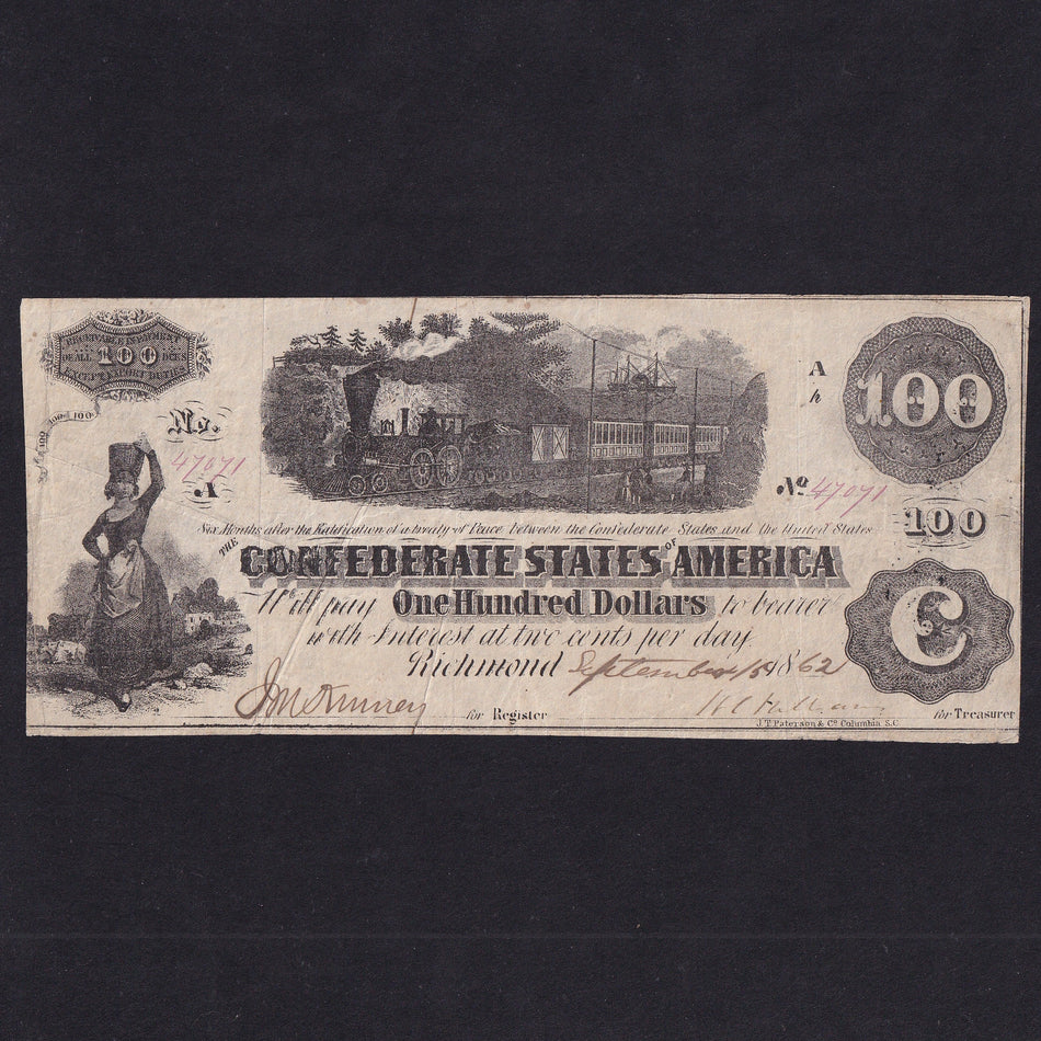 Confederate States (P43b) $100, 1862, milkmaid, diffused steam, series Ah, no. 47071, J.T. Paterson & Co. printer, VF