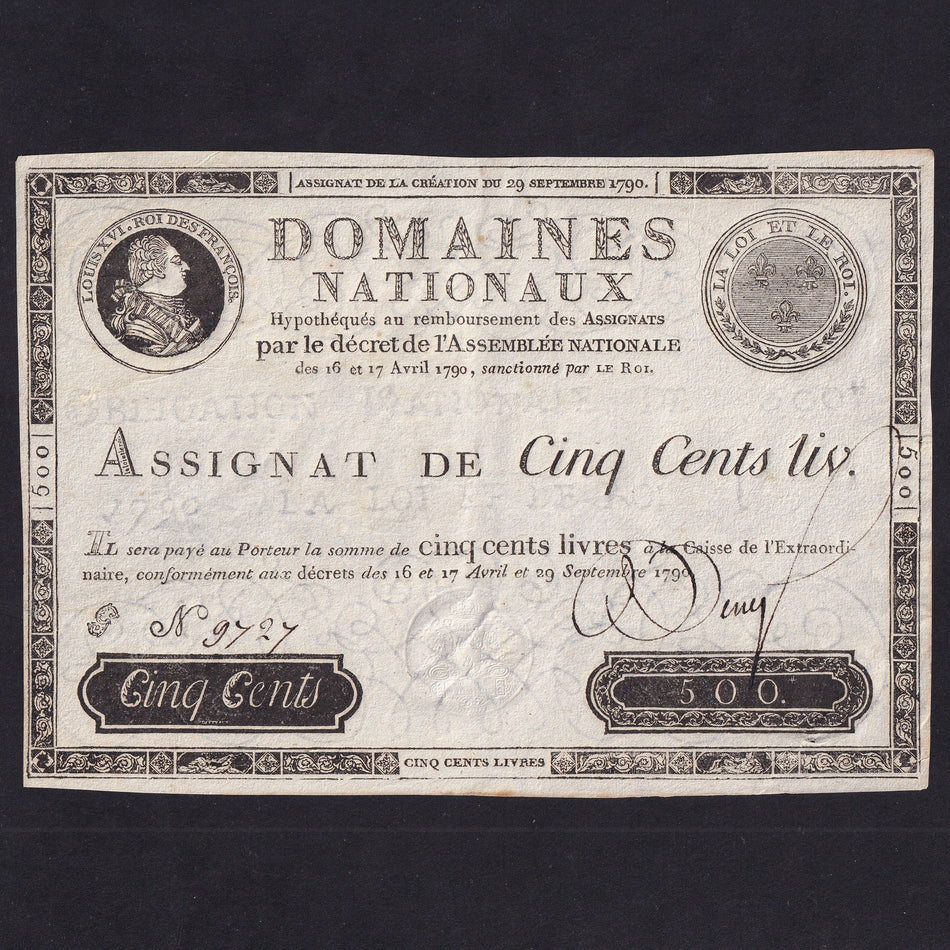 France (Assignats, PA40) 500 Livres, 29th September 1790, King Louis XVI, no. 9727, rust, Good VF