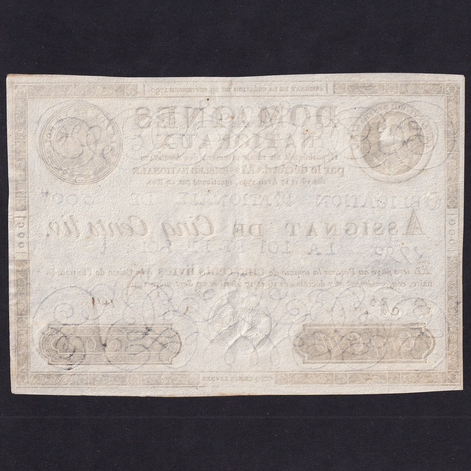 France (Assignats, PA40) 500 Livres, 29th September 1790, King Louis XVI, no. 9727, rust, Good VF