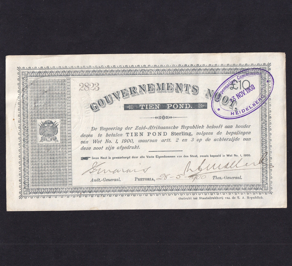 South Africa (P56b) Boer War, £10, 1900, Pretoria, no. 2823, rare Compensation Commission Heidelberg overprint, 13th November 1903, for HEIDELBERG; the idea was the holder got compensation for the note - this was in fact a lottery and not all got paid, VF