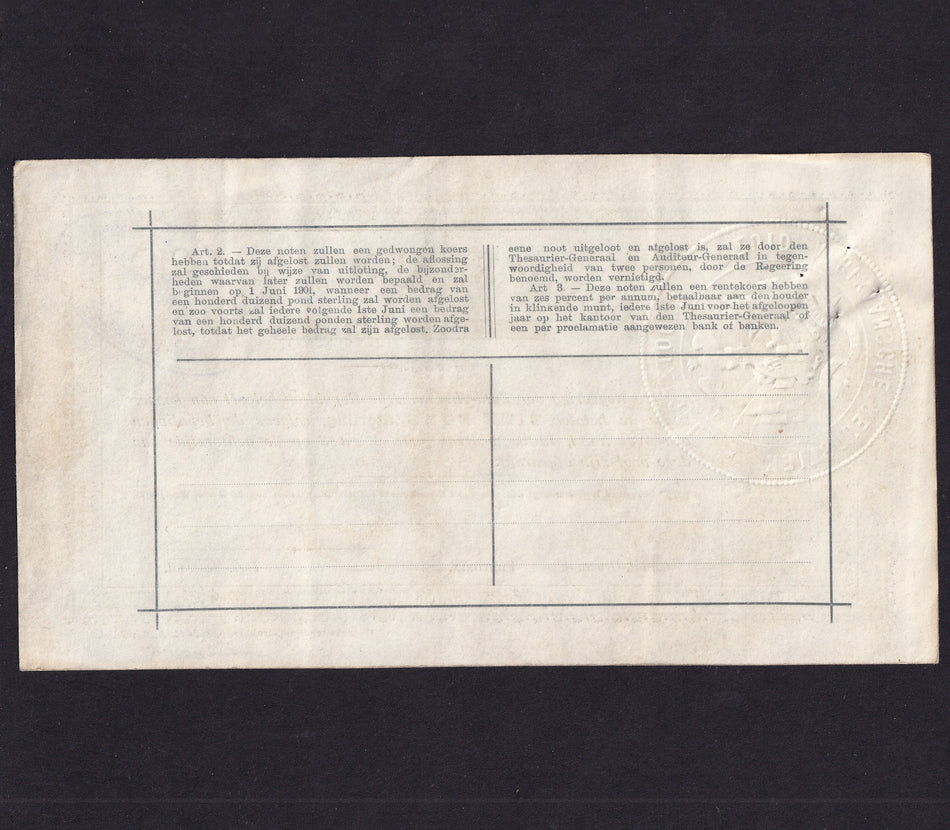 South Africa (P56b) Boer War, £10, 1900, Pretoria, no. 2823, rare Compensation Commission Heidelberg overprint, 13th November 1903, for HEIDELBERG; the idea was the holder got compensation for the note - this was in fact a lottery and not all got paid, VF