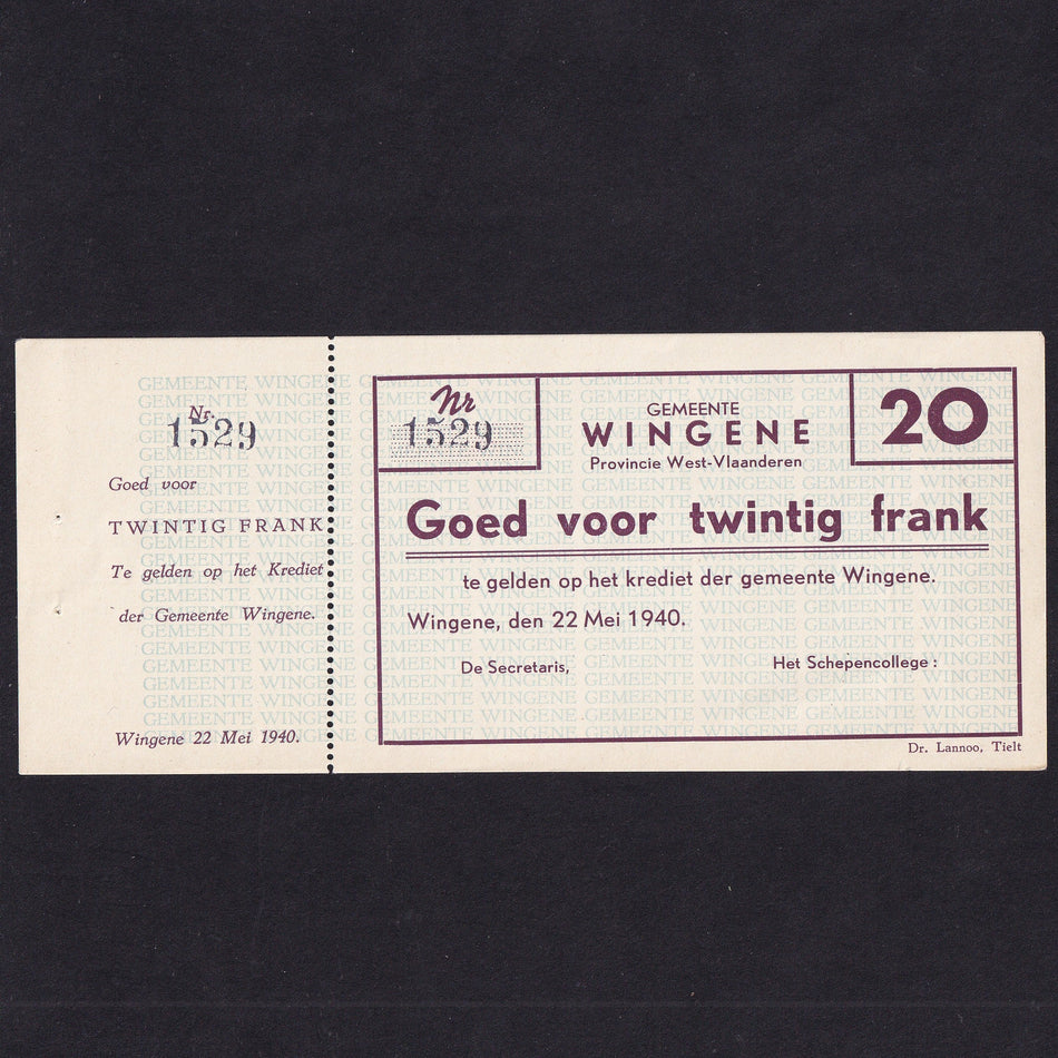 Belgium, 20 Frank WWII Emergency Issue, 22nd May 1940, Wingene, SB 1672, Good EF