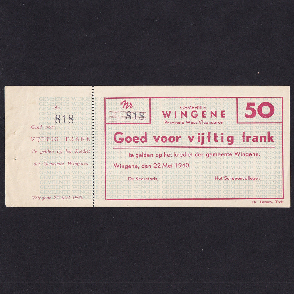 Belgium, 50 Frank WWII Emergency Issue, 22nd May 1940, Wingene, SB 1673, Good EF