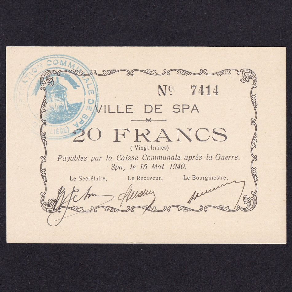 Belgium, 20 Francs WWII Emergency Issue, 15th May 1940, Spa, no. 7447, SB 1293, Good EF